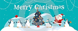 Winter holiday illustration with cute different penguin characters, Santa Claus, decorated xmas fir tree on snowy mountain landsca