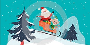 Winter holiday illustration with cute Santa Claus and elf characters sledding at snowy mountain landscape.