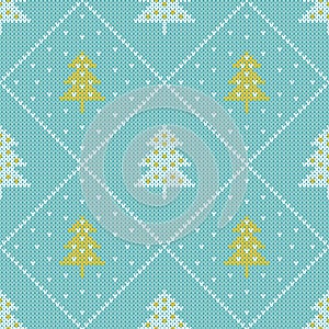 Winter holiday knitted diamond pattern. Christams trees pastel seamless vector pattern with knitted texture.White and yellow eleme