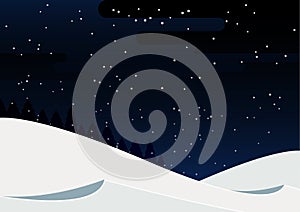 Winter holiday landscape with beautiful snowfall in the night sky.