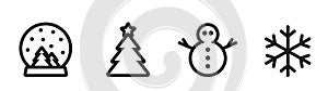 winter holiday line icons. snowman, snow globe, christmas tree and snowflake. Christmas, New Year and winter design