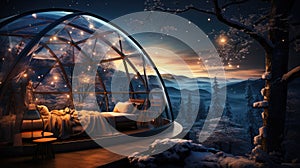 Winter holiday in a luxury modern glass igloo hotel with beautiful view on mountains, forest and night sky