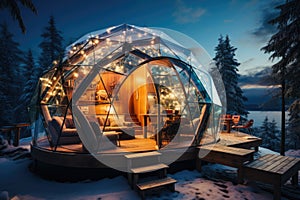 Winter holiday in a luxury modern glass igloo hotel with beautiful view on mountains, forest and night sky