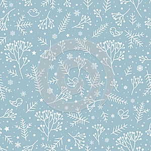 Winter holiday nature seamless floral pattern. Christmas snow ba