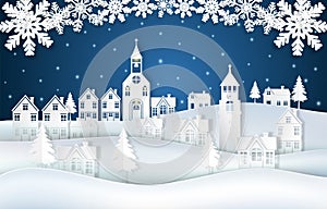 Winter holiday on night sky with snowflake background. Christmas season paper art illustration