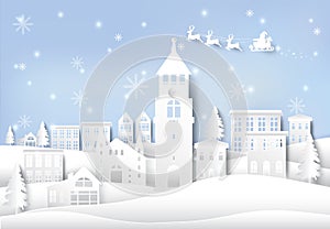 Winter holiday, santa and snowflake in city town background