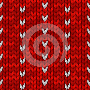 Winter Holiday Seamless Knitting Pattern with a Snowflakes. Red knitted sweater design. Vector illustration for