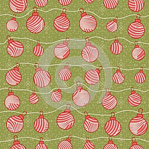 Winter holiday seamless pattern with red decorated Christmas balls and bright stars.