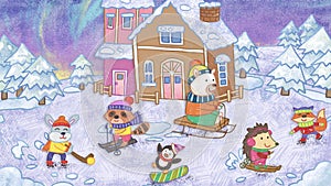Winter Holiday Season Snowman Family with Animals Skating and Playing Crayon Drawing and Doodling