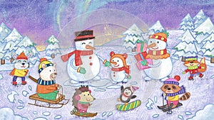 Winter Holiday Season Snowman Family with Animals Skating and Playing Crayon Drawing and Doodling Background