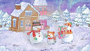 Winter Holiday Season Snowman Family with Gift Crayon Drawing and Doodling Background