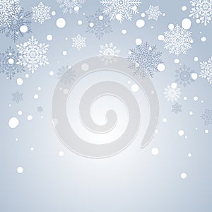Winter Holiday Snow Background for banner or greeting card. Blue Christmas Backdrop. Frame with snowflakes