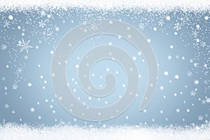 Winter holiday snow background with frame of snowflakes and stars