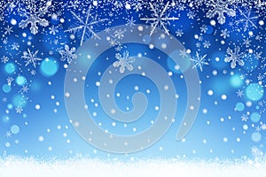 Winter holiday snow bokeh background. Abstract christmas defocused backdrop with snowflakes