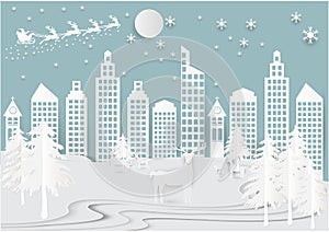 Winter holiday snow in city town background with santa, deer and tree. Christmas season paper art style illustration