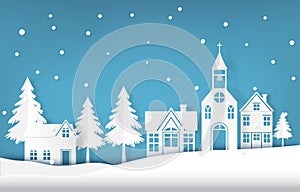 Winter holiday snow falling in the village Christmas season paper art style illustration