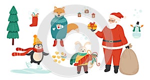 Winter holiday symbols bundle. Christmas celebration vector illustrations set. Santa Claus and cute animals isolated