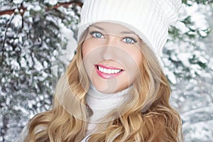 Winter holiday travel, lifestyle and fashion, beautiful happy woman and snowy forest, nature, ski resort and leisure