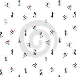 Winter holiday vector pattern with skiers between trees on mountain covered in snow. Seasonal christmas design. photo