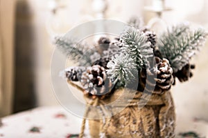 Winter holidays background of pine cones powdered with artificial snow and white downy shawl. Merry Christmas brown