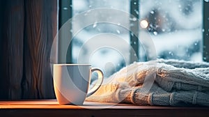 Winter holidays, calm and cosy home, cup of tea or coffee mug and knitted blanket near window in the English countryside