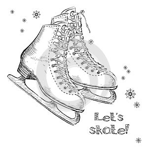 Winter holidays card with ice skates cartoon sketch. Hand draw vector illustration photo