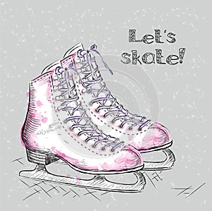 Winter holidays card with ice skates cartoon sketch. Hand draw vector illustration photo