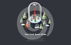 Winter Holidays, Christmas Celebration Theme Concept. Beautiful Snow City Globe With Xmas Cozy New York Atmosphere And