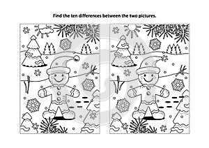 Find the differences visual puzzle and coloring page with gingerbread man photo