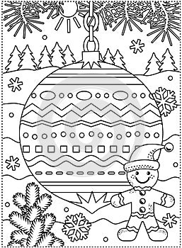 Winter holidays coloring page with decorated ornament and gingerbread man