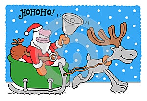 Santa arrives with his sleigh pulled by a jolly reindeer with big horns photo