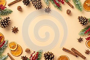 Winter holidays concept. Top view photo of spruce branches in hoarfrost mistletoe berries dried orange slices pine cones and