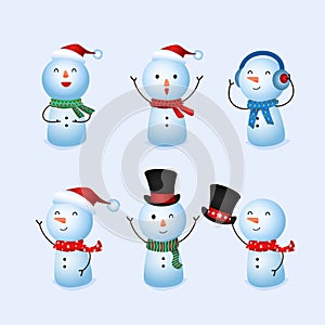 Winter holidays cute snowman collection of christmas. Cheerful snowman in different poses. Snowman with hat earmuffs and scarf.
