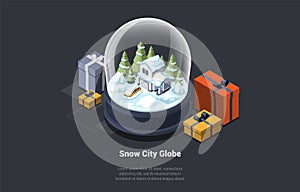 Winter Holidays, Family Christmas Celebration Theme Concept. Beautiful Snow City Globe With Cozy Snowy House, Car In
