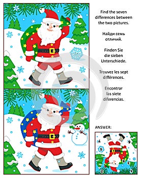 Winter holidays find the differences picture puzzle with Santa Klaus