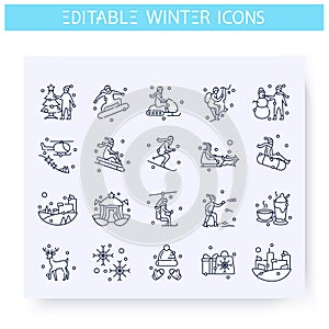Winter holidays fun line icons set. Editable