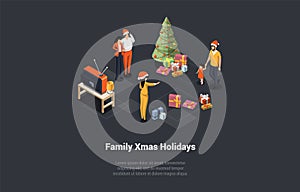 Winter Holidays, Home Coziness, Spending Time Together. Family Celebrate And Enjoy Christmas At Home. Characters