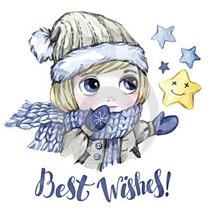 Winter holidays illustration. Watercolor little boy looks at the stars. New Year card. Words Best Withes.