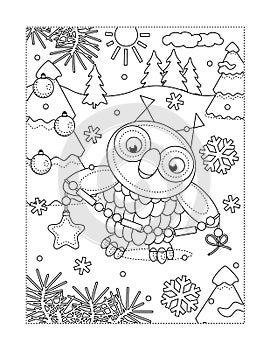 Coloring page with owl decorating christmas tree photo