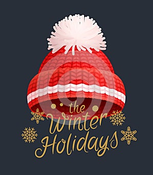 Winter Holidays knitted red hat with white pom-pom