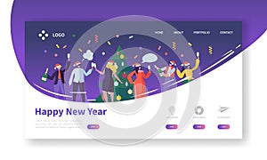 Winter Holidays Landing Page Template. Merry Christmas and Happy New Year Website Layout with Flat People Characters