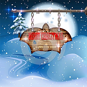 Winter holidays landscape with wooden sign. Vector Illustration.