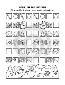 Winter holidays math worksheet with sequential patterns