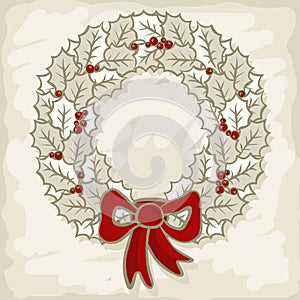 Winter holidays monochrome holly leaves wreath sea