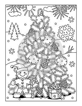 Winter holidays, New Year or Christmas joy coloring page, sign or poster with christmas tree, cheerful gingerbread man, gift box photo