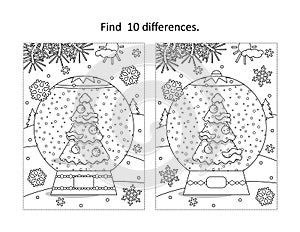 Winter holidays, New Year or Christmas snowglobe with christmas tree find the differences picture puzzle and coloring page