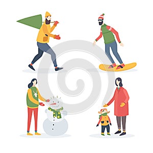 Winter holidays outdoor activities. Young man carries Christmas tree, woman with child, girl sculpts snowman, snowboarder.