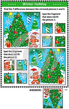 Winter holidays picture puzzles with christmas tree photo