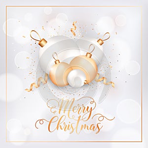 Winter Holidays Postcard, Merry Christmas Card with Xmas Balls and Confetti. Festive Decoration in White and Gold Colors