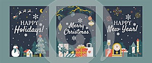 Winter holidays postcard or poster templates with present, firework, clock, snowman, Santa and others flat elements